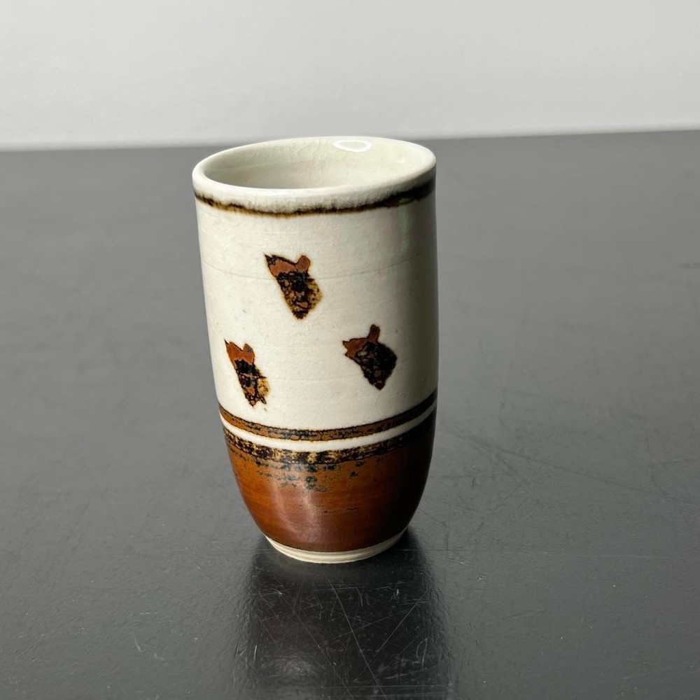 Handcrafted Ceramic Tea Cup Brown White Abstract Glazed Stoneware 4in